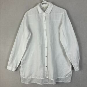 Eileen Fisher Women's Small Long Sleeve Button Up Tunic Shirt White 100% Linen